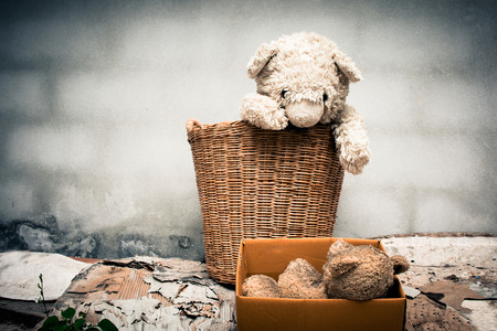 Couple teddy bear abandoned piles of paper,black and white toneの写真素材