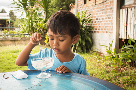 Cute little boy eating ice cream in the parkの写真素材
