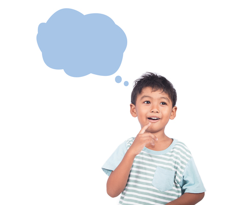 Cute little asian boy thinking and smilingの写真素材