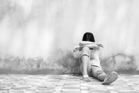 asian girl sad alone ,black and white  toneの写真素材