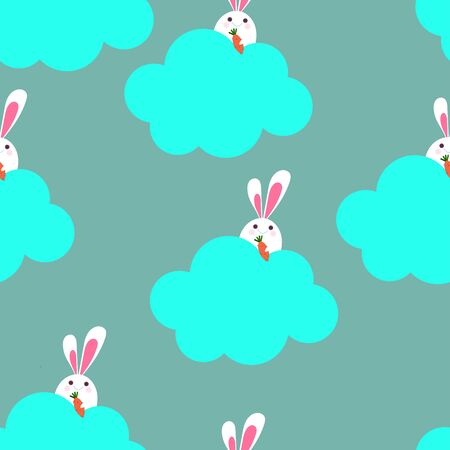 Pattern Cute white rabbit on blue cloudのイラスト素材