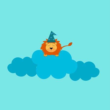 Cute little lion sleep on blue cloudのイラスト素材