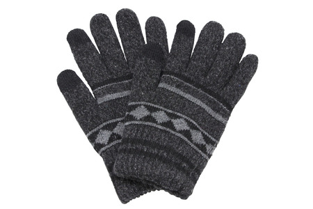 Black woolen knitted gloves isolated on white backgroundの写真素材