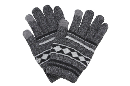 Grey woolen knitted gloves isolated on white backgroundの写真素材