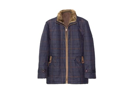 Navy blue winter jacket isolated on white backgroundの写真素材