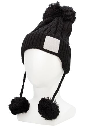 Black wool hat isolated on white backgroundの写真素材