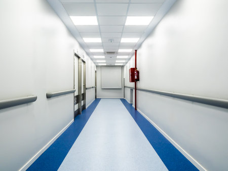 Interior of a hospital corridor with blue walls and white floor.の写真素材