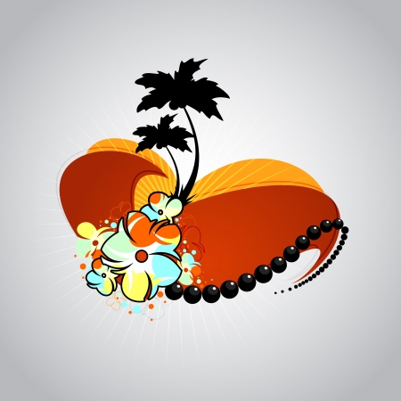 Tropical background with palm trees, flowers and red heart  のイラスト素材