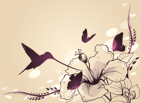 Hummingbird in flight with a flower and butterflies  Vector のイラスト素材