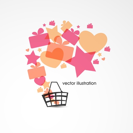 Sale design with basket, multicolored gift boxes, stars and hearts  Vector illustration のイラスト素材