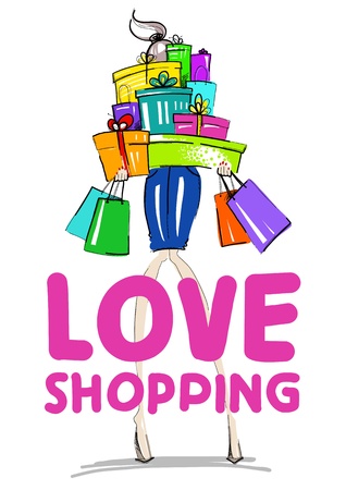 Beautiful girl with a lot of shopping bags and gifts のイラスト素材