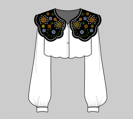 women's clothing design vector with satin stitch colourful flower. floral embroidery collar shirt. eyelet decorative ornament cotton collar lace detail.のイラスト素材