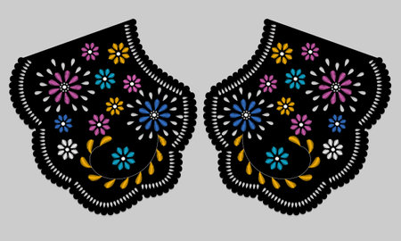 collar design vector with satin stitch colourful flower. front view technical embroidery flat sketch template. floral eyelet embroidery decorative ornament cotton collar lace detail.のイラスト素材