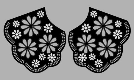 collar design vector with satin stitch white flower. front view technical embroidery flat sketch template. floral eyelet embroidery decorative ornament cotton collar lace detail.のイラスト素材