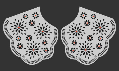 collar design vector with satin stitch colorful flower. front view technical embroidery flat sketch template. floral eyelet embroidery decorative ornament cotton collar lace detail.のイラスト素材