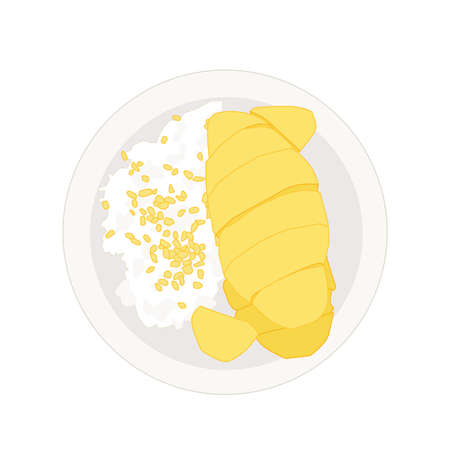 Ripe mango sticky rice on plate on white background illustration vectorのイラスト素材