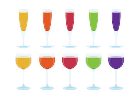 champagne glasses wine and fruit juice isolated on white background illustration vector Healthy drinking water and orange carrot strawberry guava grape fruit juiceのイラスト素材