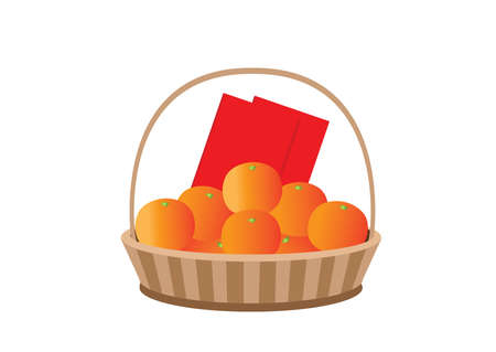 envelope red and orange fruit in the basket on white background illustration vector chinese new year or lunar new year concept.のイラスト素材