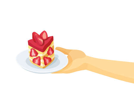 cake strawberry on the plate in human hand on white background illustration vectorのイラスト素材
