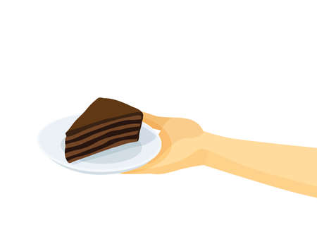 cake chocolate on the plate in human hand on white background  illustration vectorのイラスト素材