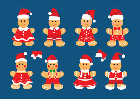 gingerbread cookie santa christmas set decorations and design isolated on blue background illustration vectorのイラスト素材