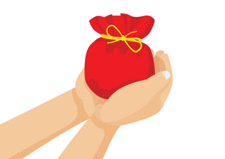red bag with gold money in human hand on white background illustration vectorのイラスト素材