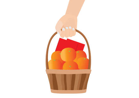 envelope red and orange fruit in the basket on white background illustration vector chinese new year or lunar new year concept.のイラスト素材