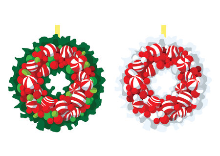 christmas wreath icons winter set christmas decorations and pine tree in flat and design isolated on white background illustration vectorのイラスト素材