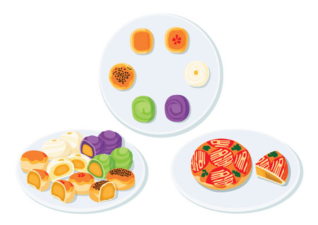chinese moon cake with sweet mung bean in the plate and salted egg. Moon cake or Chinese pastry filled with mung bean paste and salted egg on white background.on white background illustration vectorのイラスト素材