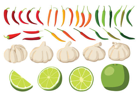 mix vegetable fresh and garlic,chilli,lemon,isolated,on white backgroundのイラスト素材