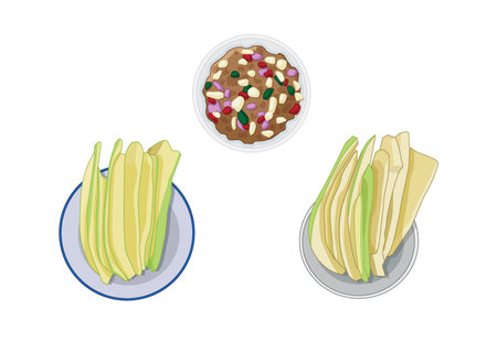 sweet fish sauce mango in slices fresh fruit in the plate on white background illustration vectorのイラスト素材