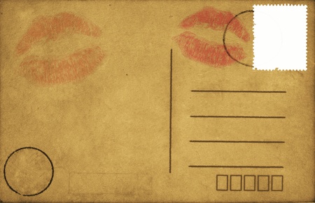 kiss lips on old blank postcard ,retro style