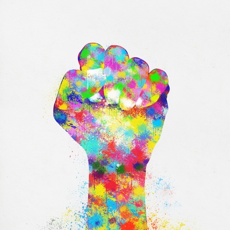 colorful painting of hand fist ,hand made paperの写真素材