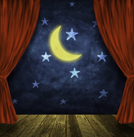 theater stage with red curtains and night sky,stars ,moon background の写真素材