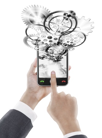 businessman pressing smart phone ,industrial and technology conceptの写真素材
