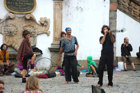 OURO PRETO, BRAZIL- MARCH 18 2012 :Members of The Rainbow Family of Living Light loosely affiliated group during a street exhibition in Ouro Preto, Minas Gerais ,Brazil on 18 March 2012 .のeditorial素材