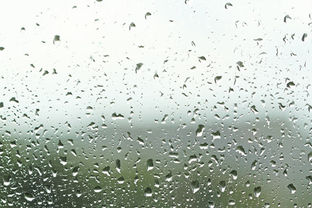 Drops of rain on a glass window. Green summer background from a wet window with drops of rain.