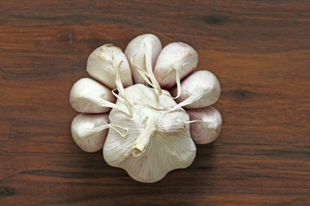Garlic. The whole lies on the wooden background. Rustic style. Minimalism.の写真素材