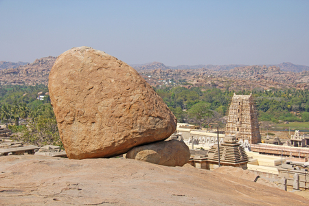 Large big stones boulders in Hampi.  Hemakuta hill and Virupaksha Temle. Karnataka, India.の写真素材