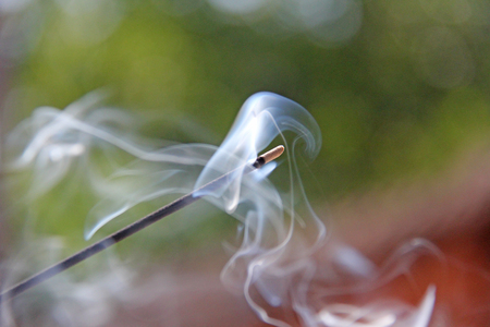 Incense stick and smoke from incense burning. Beautiful smoke. Blurred background and design with...