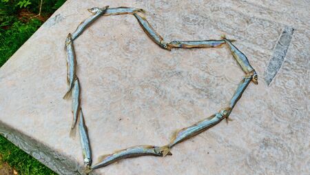 Heart of food. Heart of capelin fish. Creation, art.