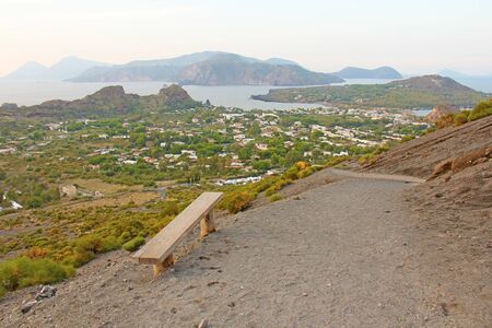 Wooden Bench with View on the Sea and Mountains. Lipari, Italy.
