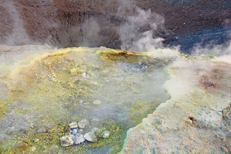 Gray Hydrogen Volcano and Volcano Craters on Vulcano Island, Lipari, Italy. Sunset, Gas, Sulfur,...