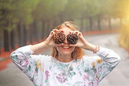 Young Girl Smiling and showing Bumps. The Magic Forest at the Foot of Mount Etna. The island of...