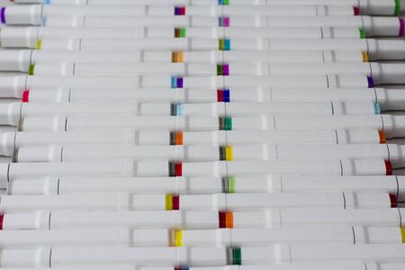 Set bright multi-colored felt-tip pens or markers with designation numbers, name of color. Creativity, drawing for children, design. Many Markers of all colors of rainbow. Copy space for your text.の写真素材
