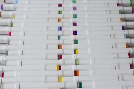 Set bright multi-colored felt-tip pens or markers with designation numbers, name of color. Creativity, drawing for children, design. Many Markers of all colors of rainbow. Copy space for your text.の写真素材