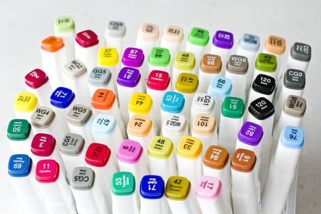 Set bright multi-colored felt-tip pens or markers with designation numbers, name of color. Creativity, drawing for children, design. Many Markers of all colors of rainbow. Copy space for your text.の写真素材