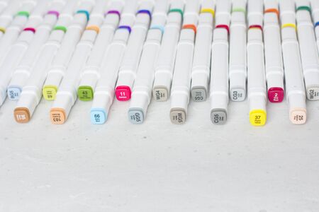 Set bright multi-colored felt-tip pens or markers with designation numbers, name of color. Creativity, drawing for children, design. Many Markers of all colors of rainbow. Copy space for your text.の写真素材