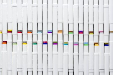 Set bright multi-colored felt-tip pens or markers with designation numbers, name of color. Creativity, drawing for children, design. Many Markers of all colors of rainbow. Copy space for your text.の写真素材