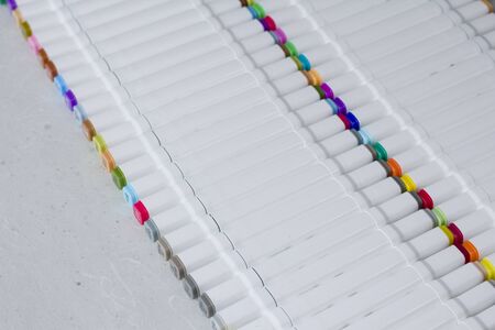 Set bright multi-colored felt-tip pens or markers with designation numbers, name of color. Creativity, drawing for children, design. Many Markers of all colors of rainbow. Copy space for your text.の写真素材
